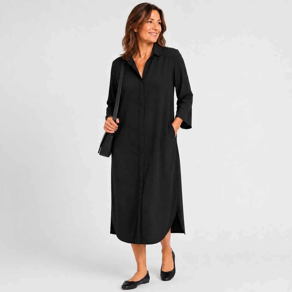 Athleta Drift Poplin Long Shirt Dress Womens XL Black Performance Pockets Travel